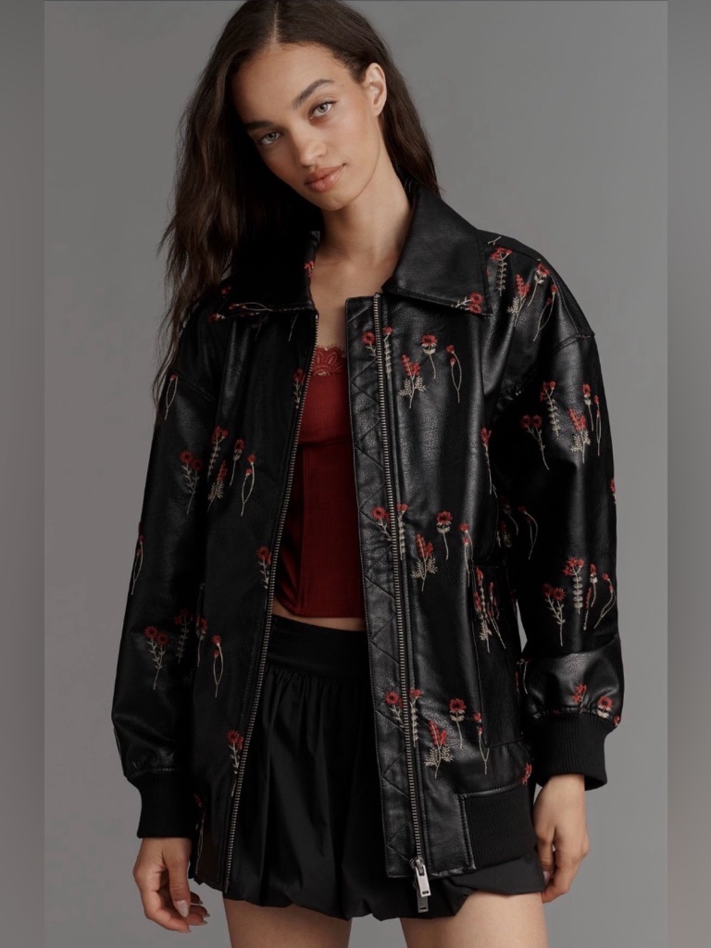 ✨ Anthropologie Faux Leather Floral-Embroidered Bomber Jacket Sz M - Picture 2 of 10